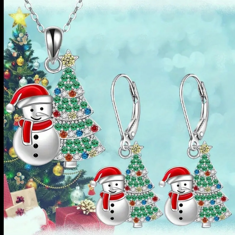 NEW! Festive 3 Piece Christmas Snowman Pendant Necklace & Earring Set. NWT